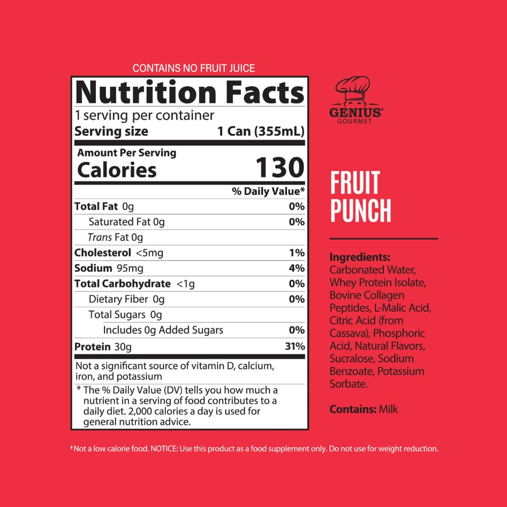 Genius Gourmet Clear Protein Sparkling Water Fruit Punch, 12 Pack