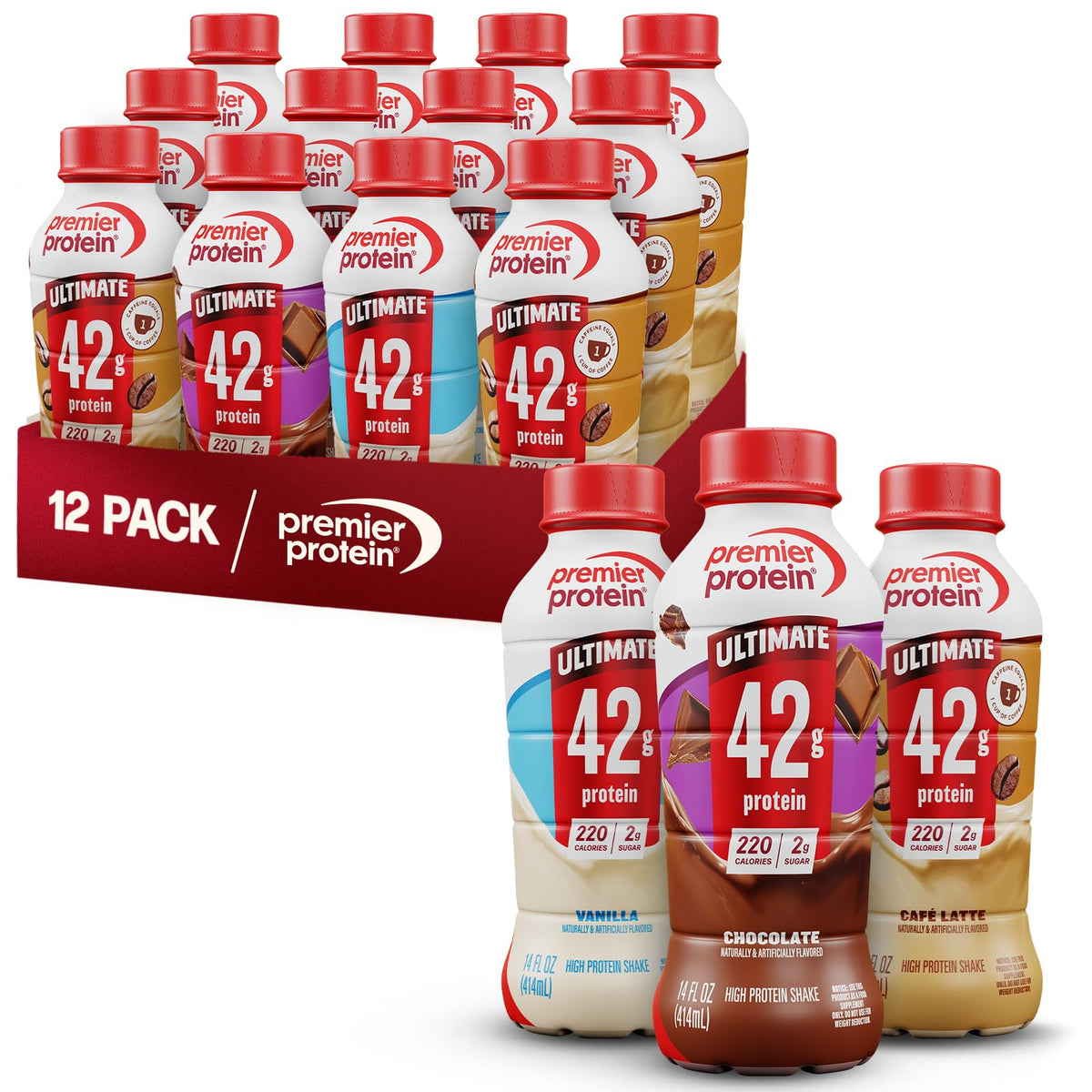 Premier Protein ULTIMATE 42g High Protein Shake +Energy, Café Latte, 12 Ct