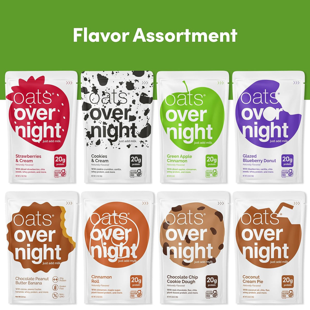 Oats Overnight Party Variety Pack – High Protein Oatmeal, 8 Pack + Bottle
