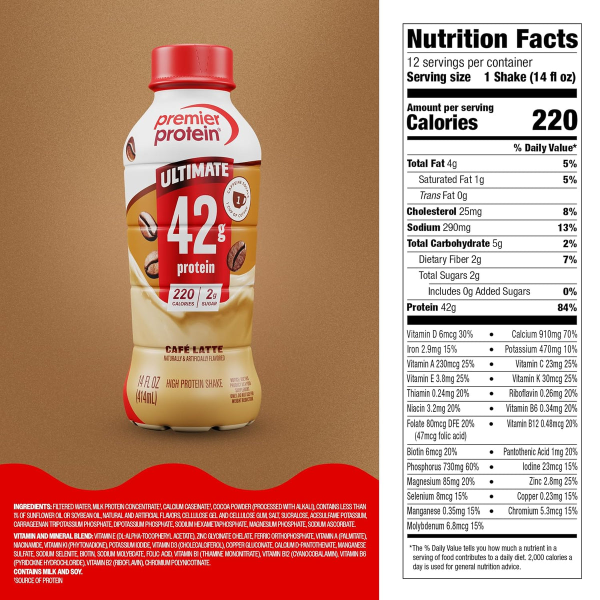 Premier Protein ULTIMATE 42g High Protein Shake +Energy, Café Latte, 12 Ct