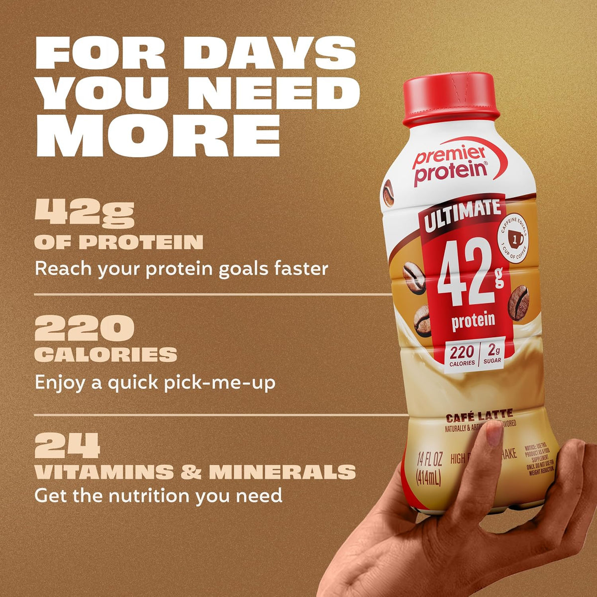 Premier Protein ULTIMATE 42g High Protein Shake +Energy, Café Latte, 12 Ct